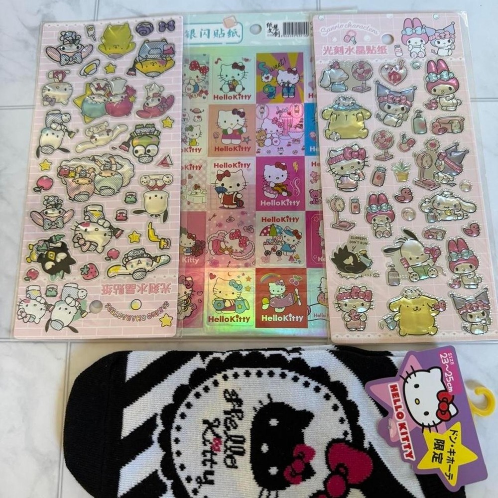 4-Piece grunge Sanrio Hello Kitty Socks & Holographic Stickers Bundle NWT - Picture 4 of 8
